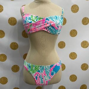 Rare, HTF Lilly Pulitzer Turquoise Let's Cha Cha Swim Top & Bottom, Small, NWOT
